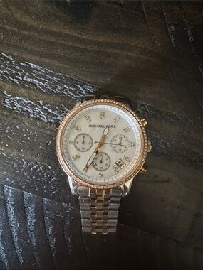Michael Kors Silver and Rose Gold Two-Tone Crystal Accent Chronograph Watch